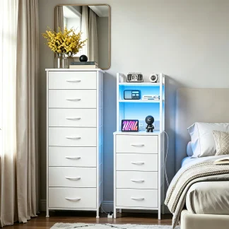 White Nightstand & Dresser Set, 47 Inch Tall LED Nightstand, 10 Drawers