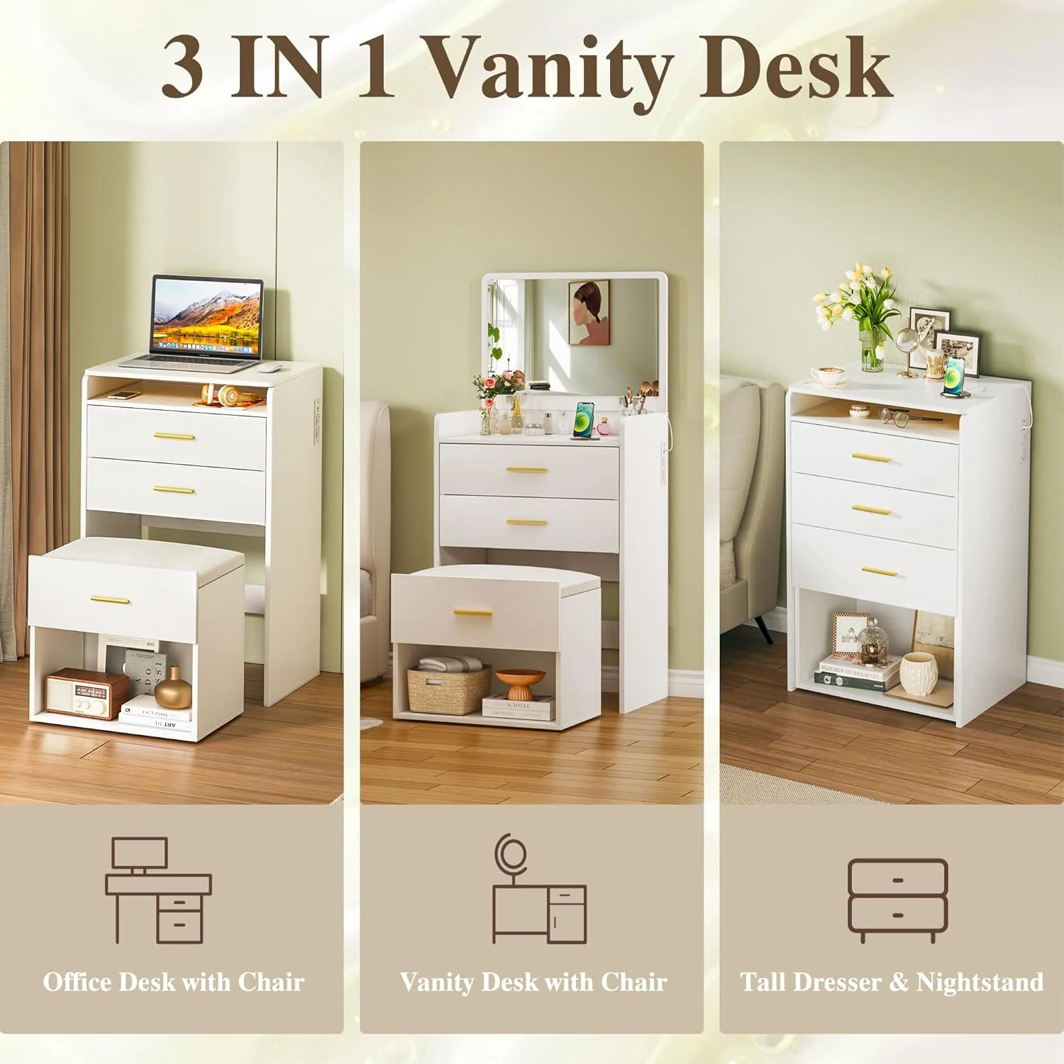 Fixwal 3-in-1 Vanity Desk with Flip-up Mirror, Fabric Drawers & Integrated Charging Station - Image 4