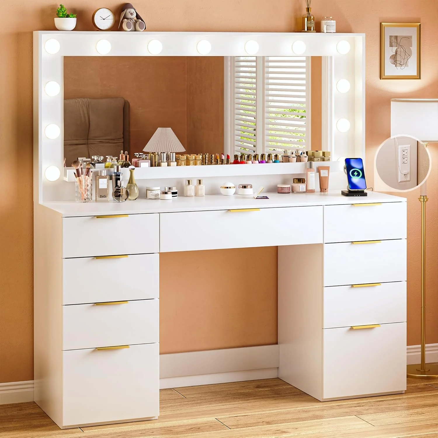 Fixwal 45.3" White Makeup Vanity Table with 9 Drawers, LED Lighted Mirror & Power Outlet - Image 2