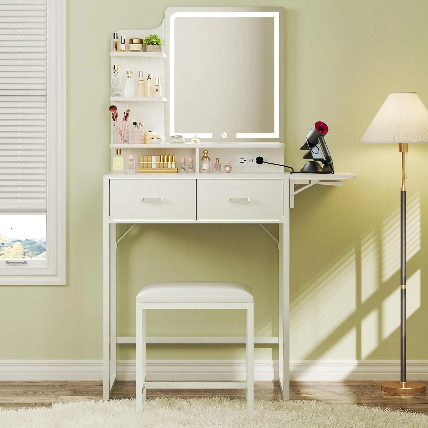 Fixwal Small Makeup Vanity Table with LED Mirror, 4 Drawers & Charging Station, White - Image 16