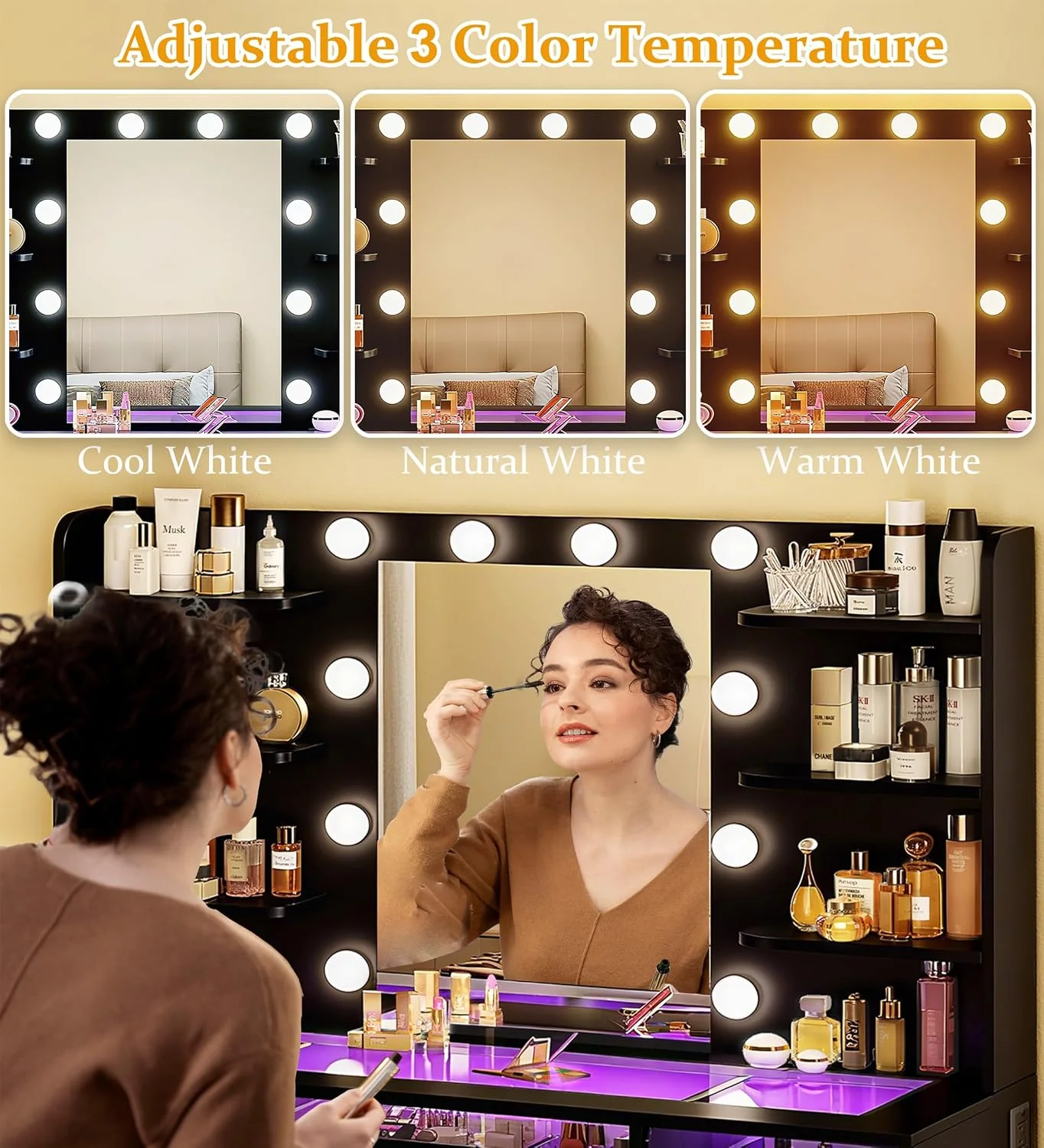 Fixwal Black Luxury Makeup Vanity Table with Tempered Glass Top, LED Mirror & RGB Lighting - Image 5