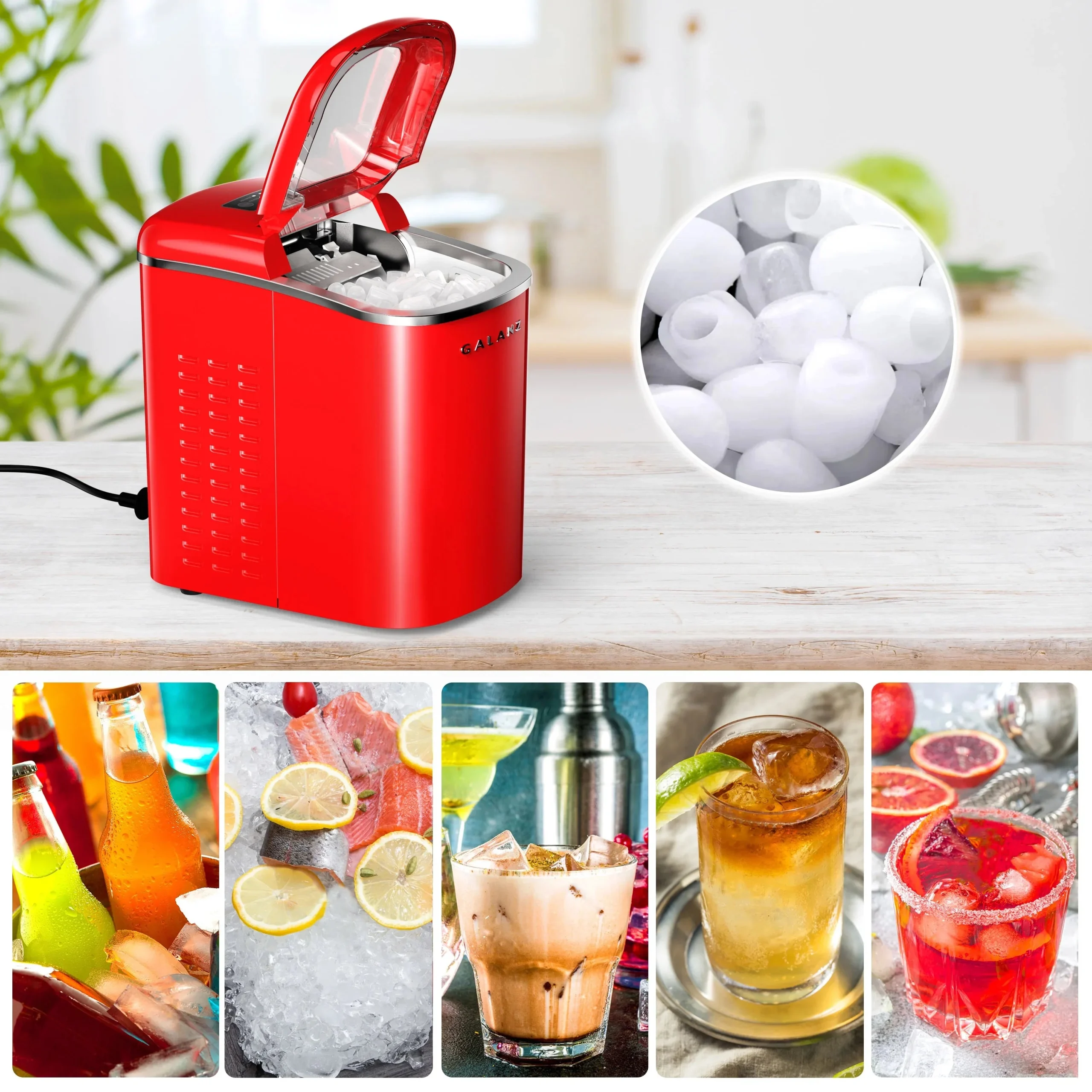 Galanz Portable Countertop Ice Maker, 26 lbs in 24 Hours, 9 Bullet Cubes in 9 Minutes, 2 Ice Sizes, 2.1 L, Retro Red - Image 7