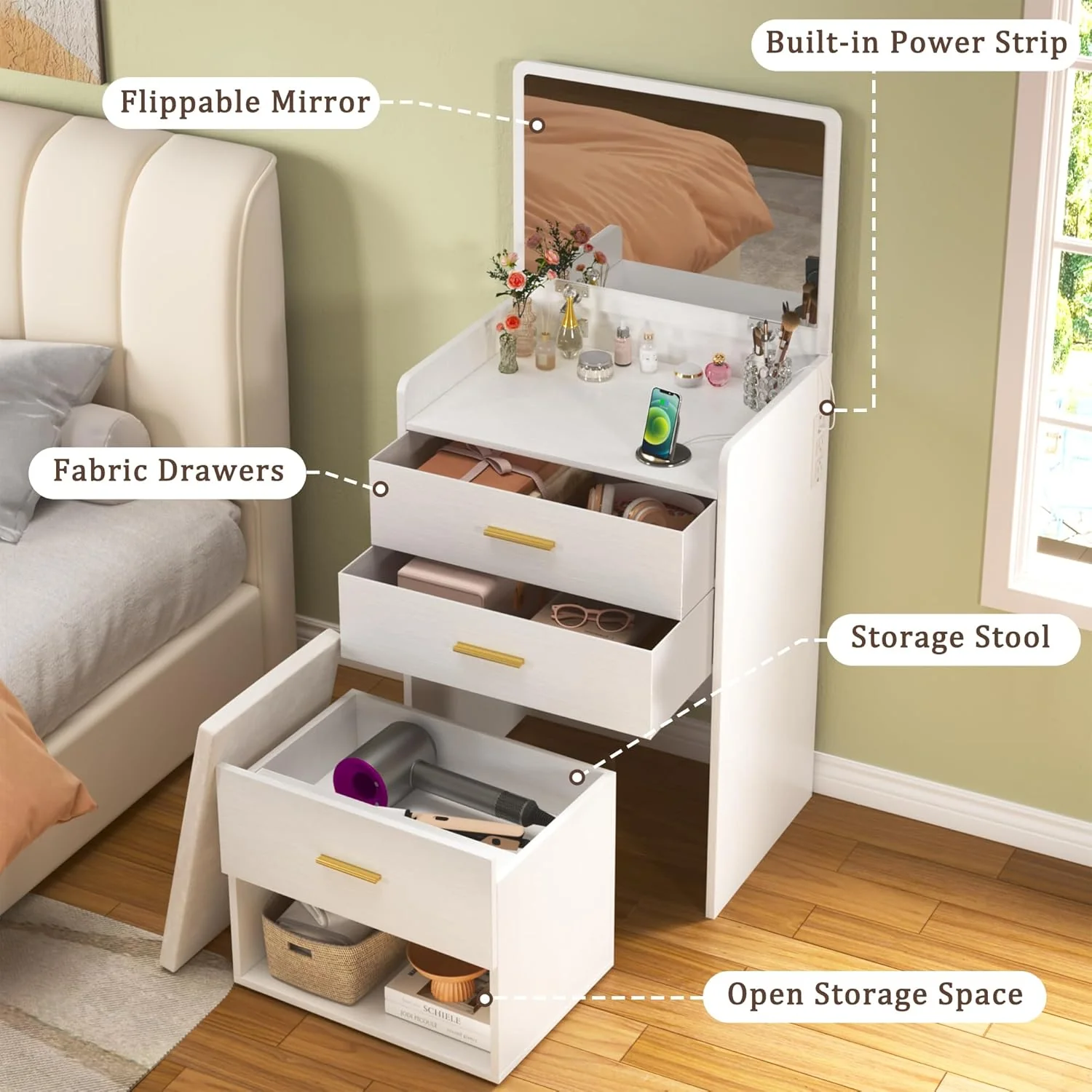 Fixwal 3-in-1 Vanity Desk with Flip-up Mirror, Fabric Drawers & Integrated Charging Station - Image 2