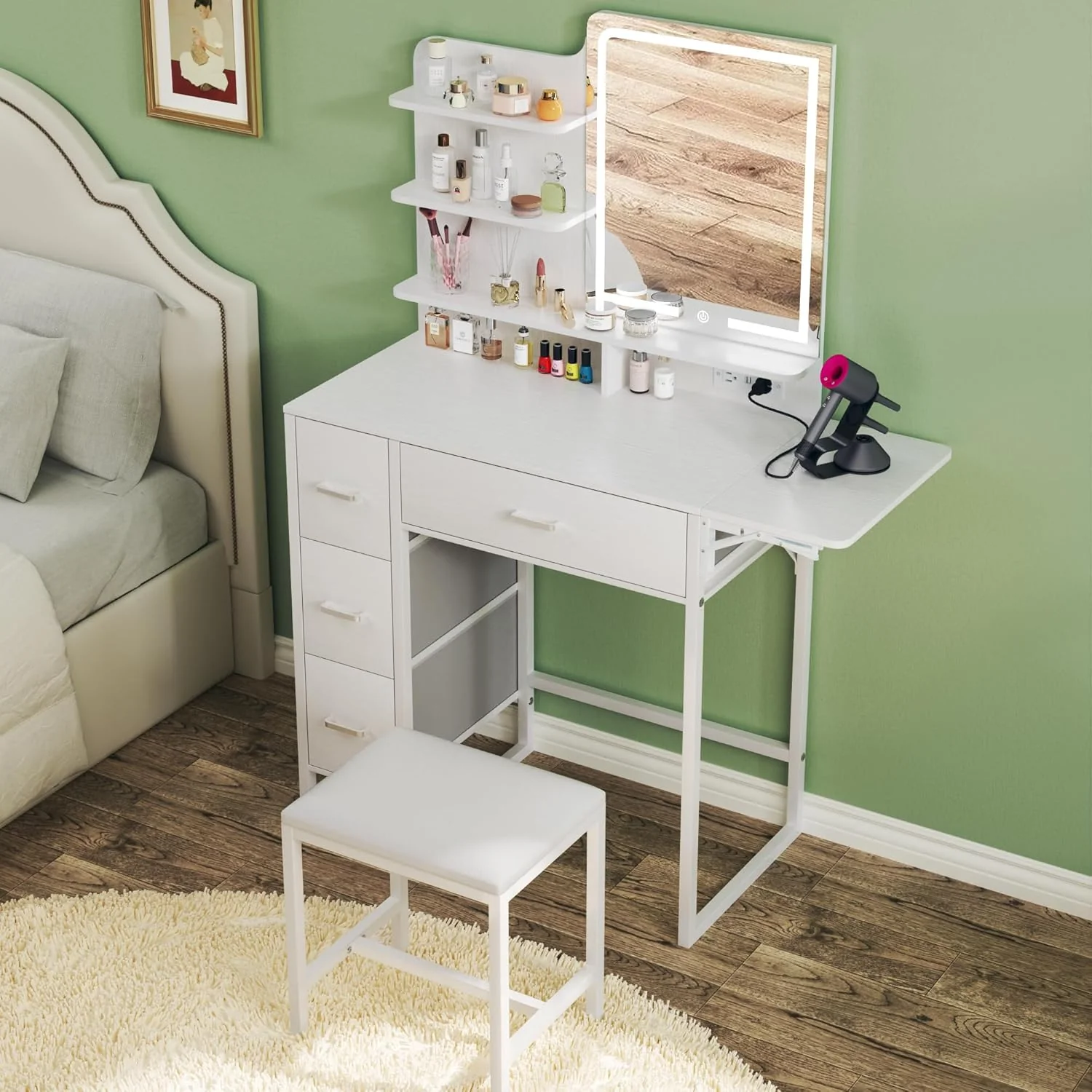 Fixwal 36.6" Makeup Vanity Table with 4 Drawers, LED Lighted Mirror & Charging Station - Image 2