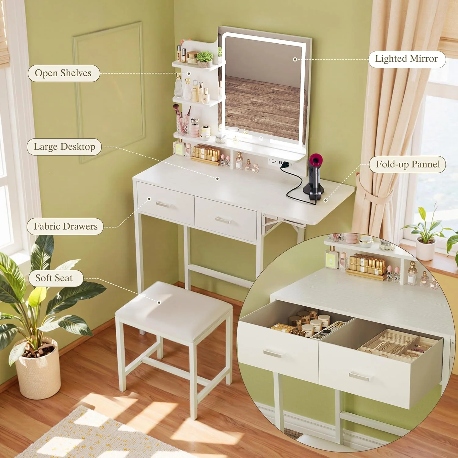 Fixwal Small Makeup Vanity Table with LED Mirror, 4 Drawers & Charging Station, White - Image 6