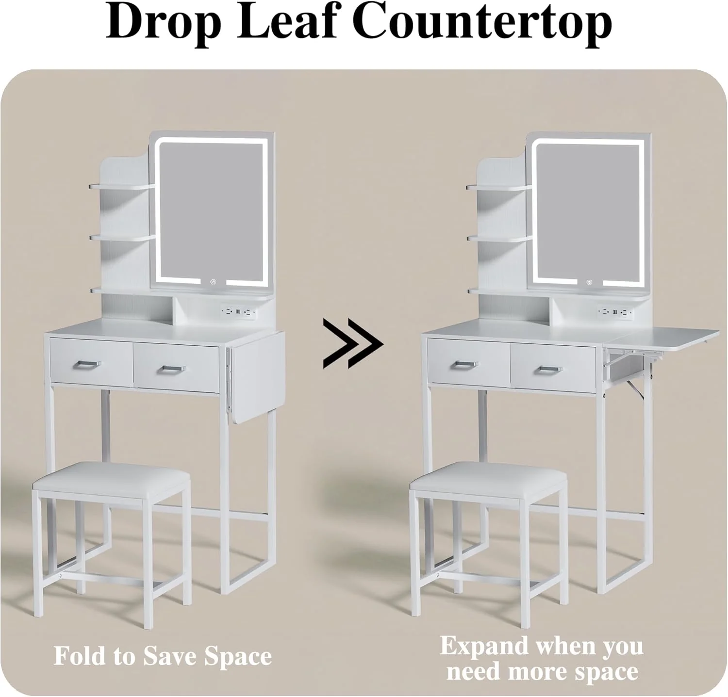 Fixwal Small Makeup Vanity Table with LED Mirror, 4 Drawers & Charging Station, White - Image 7
