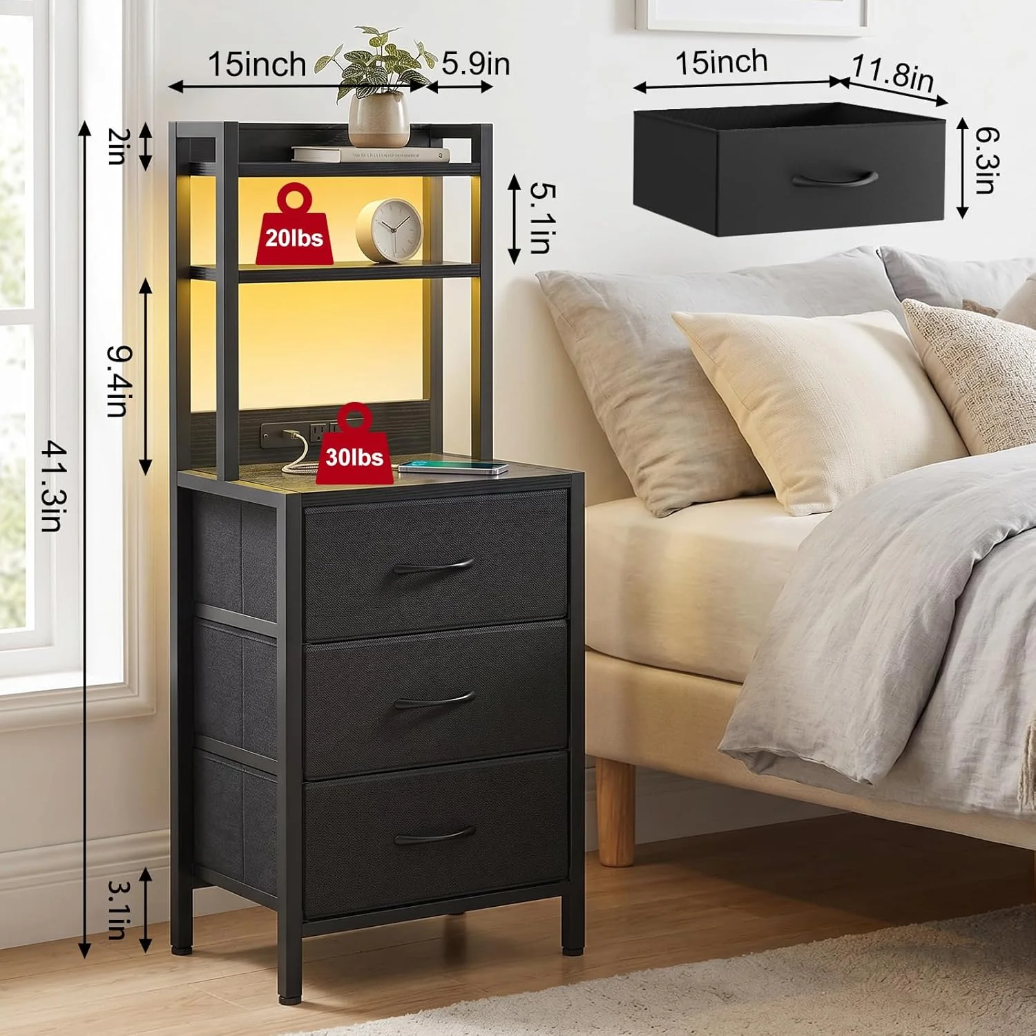41 Inch Tall Nightstand with Charging Station, 3 Fabric Drawers, LED Lights & Open Shelves, Black - Image 4