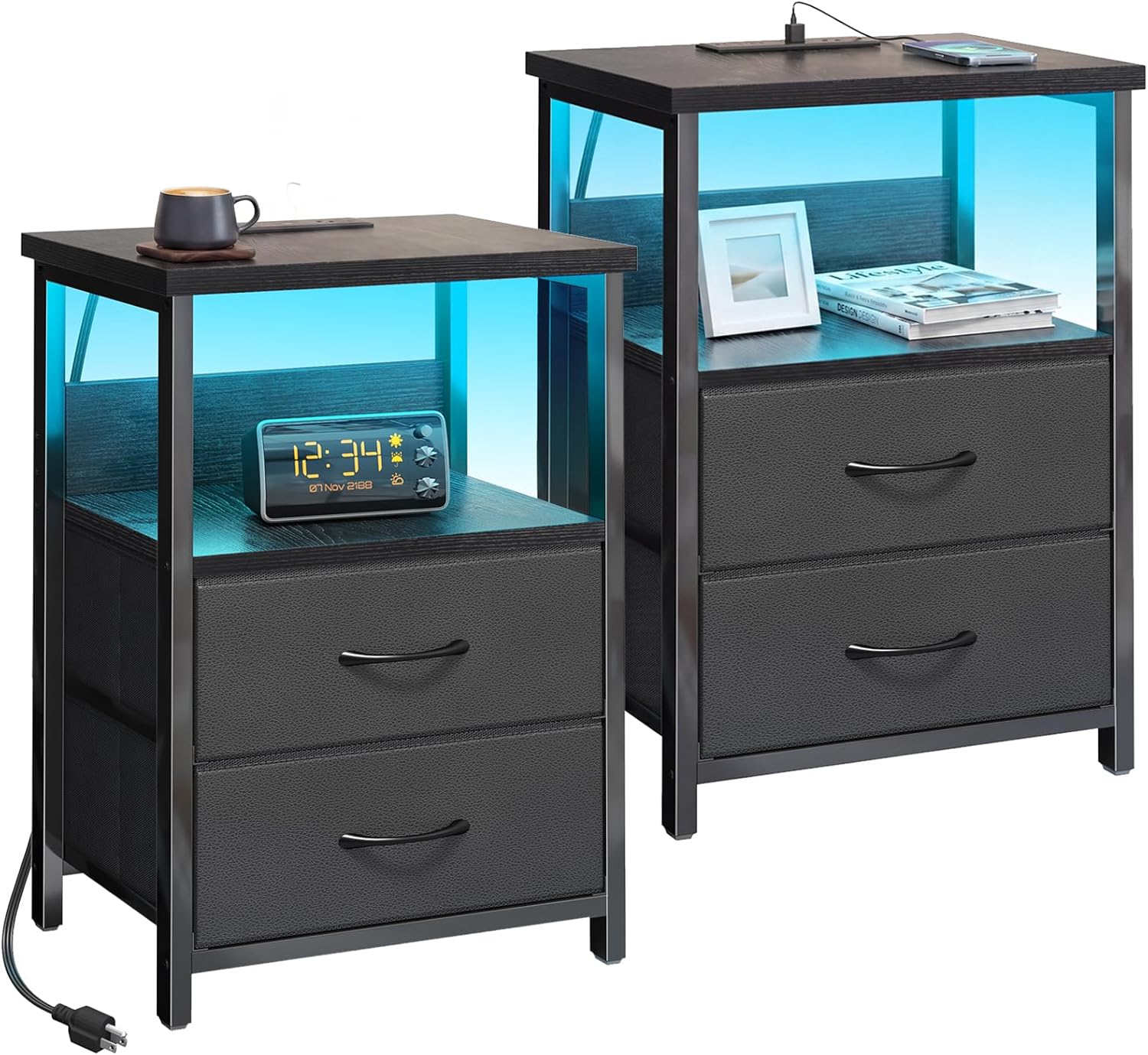 Black Nightstand Set of 2 with Charging Station, RGB LED & 2 Fabric Drawers - Image 3