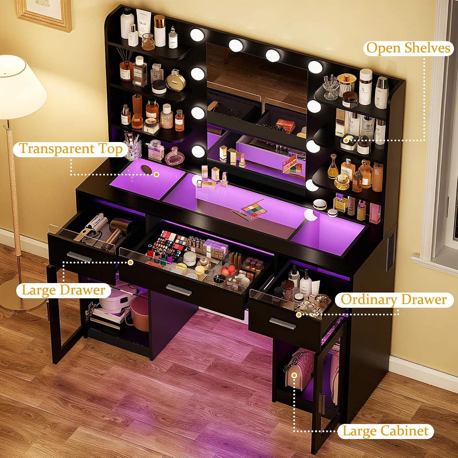 Fixwal Black Luxury Makeup Vanity Table with Tempered Glass Top, LED Mirror & RGB Lighting - Image 2