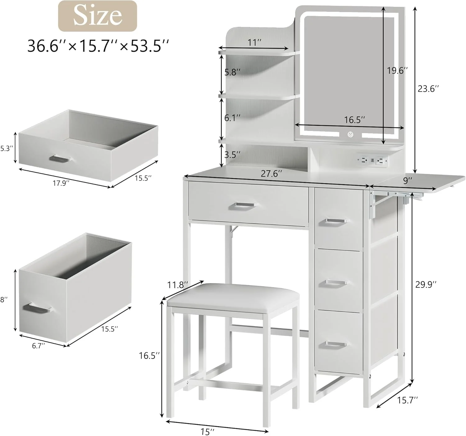 Fixwal 36.6" Makeup Vanity Table with 4 Drawers, LED Lighted Mirror & Charging Station - Image 8