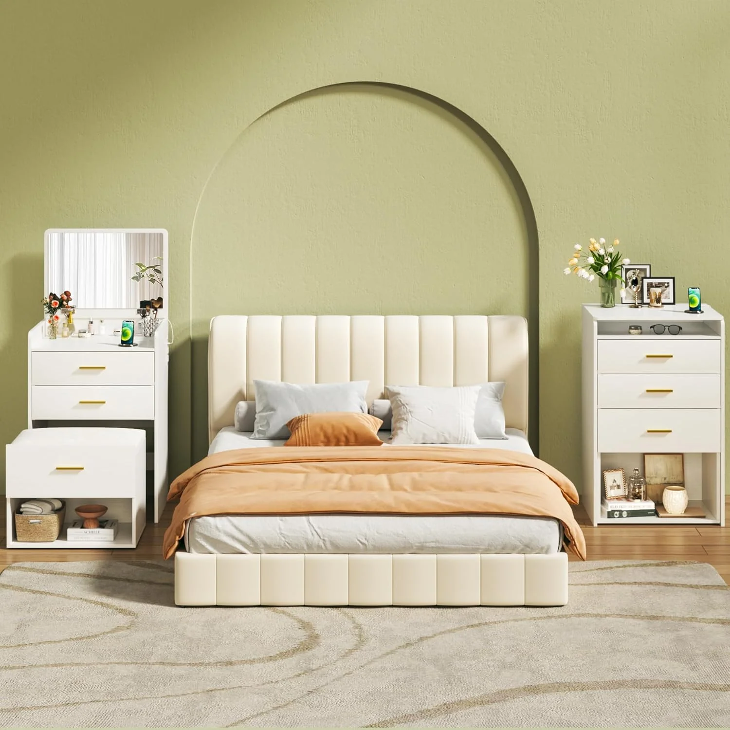 Fixwal 3-in-1 Vanity Desk with Flip-up Mirror, Fabric Drawers & Integrated Charging Station - Image 8