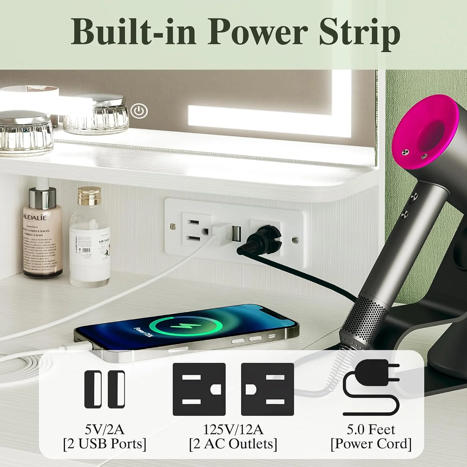 Fixwal 36.6" Makeup Vanity Table with 4 Drawers, LED Lighted Mirror & Charging Station - Image 5