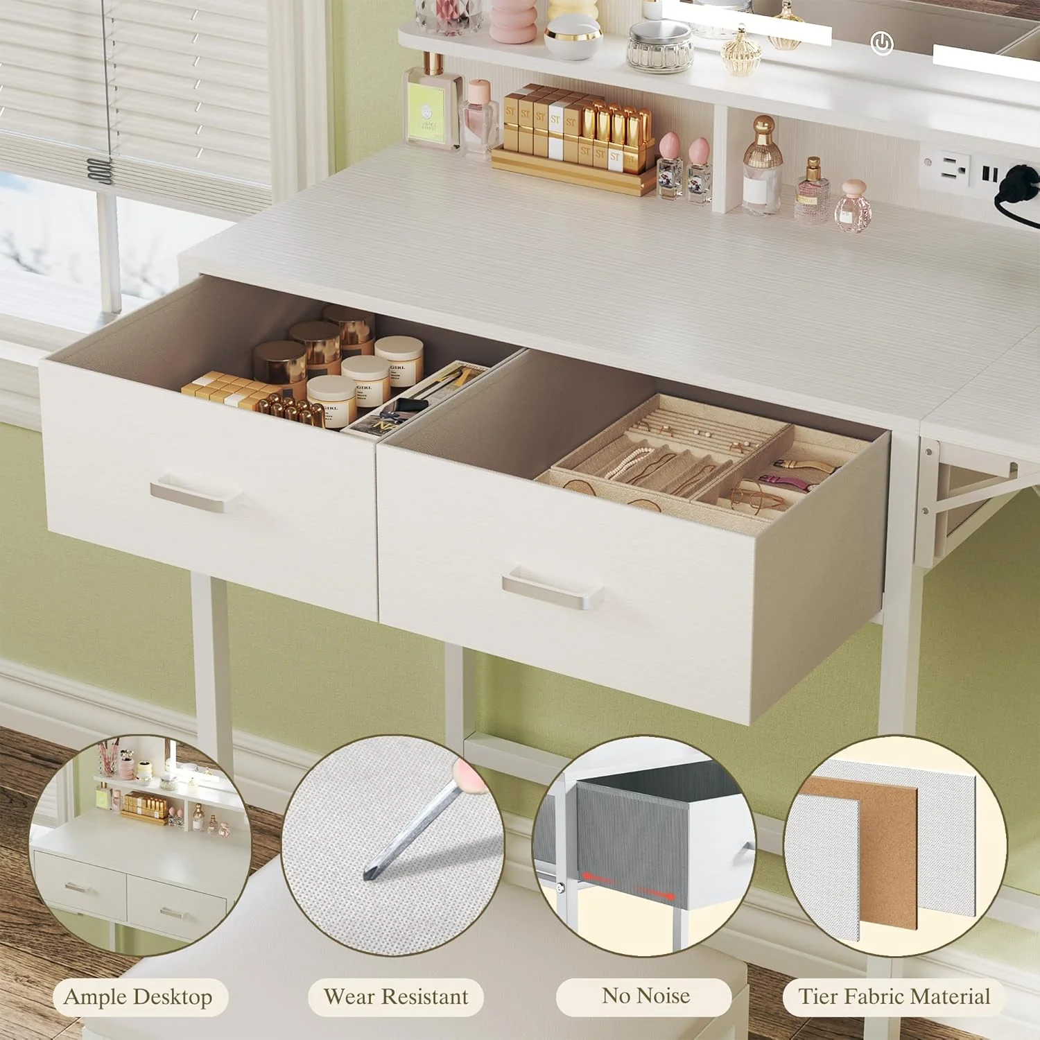 Fixwal Small Makeup Vanity Table with LED Mirror, 4 Drawers & Charging Station, White - Image 8
