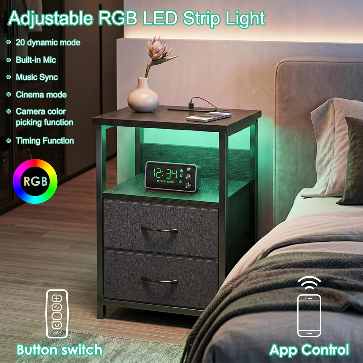 Black Nightstand Set of 2 with Charging Station, RGB LED & 2 Fabric Drawers - Image 4