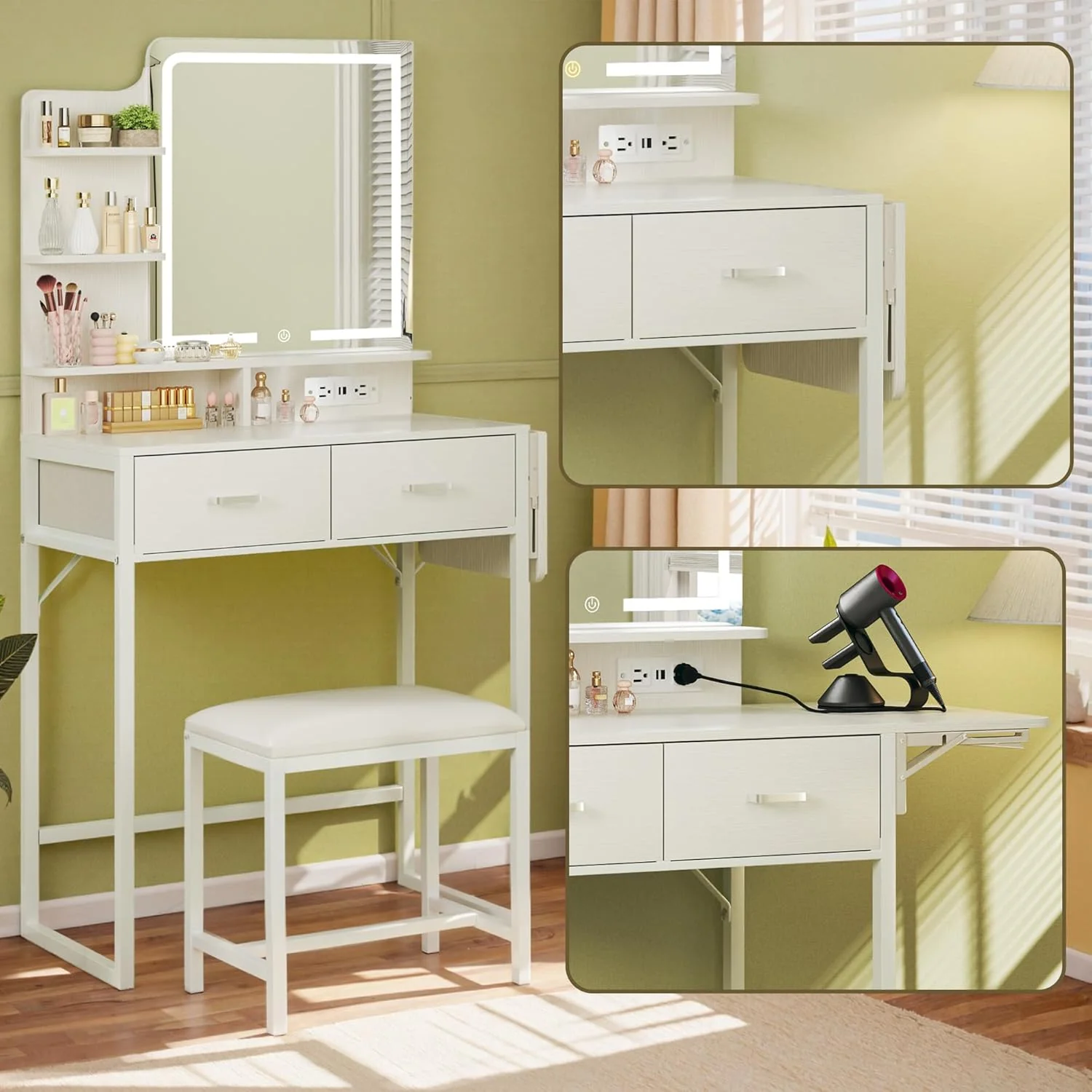 Fixwal Small Makeup Vanity Table with LED Mirror, 4 Drawers & Charging Station, White - Image 11