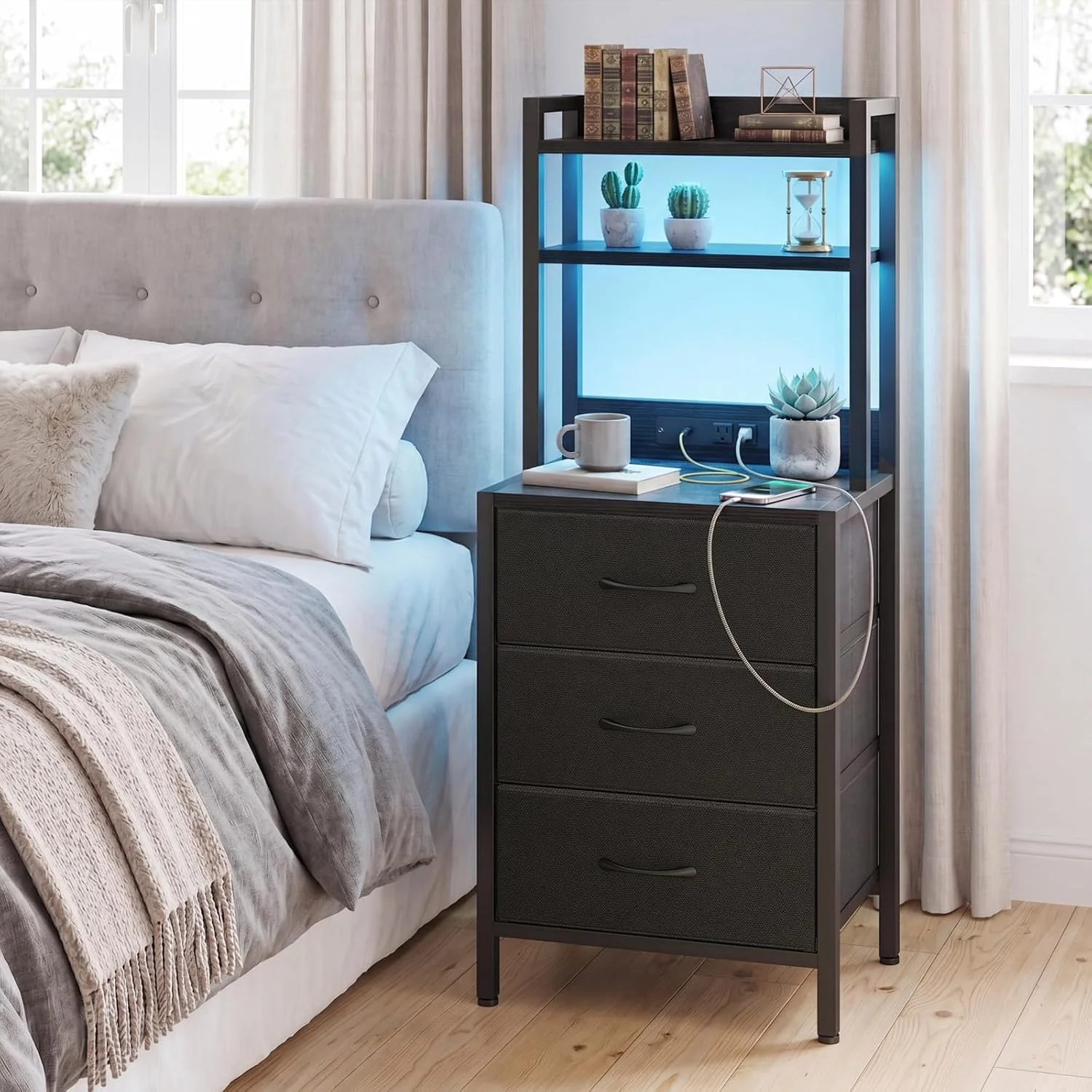 41 Inch Tall Nightstand with Charging Station, 3 Fabric Drawers, LED Lights & Open Shelves, Black - Image 8