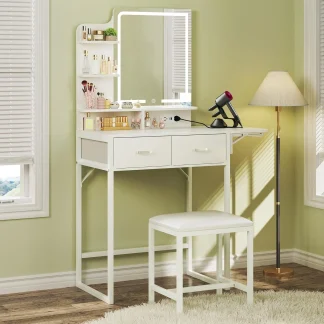 Fixwal Small Makeup Vanity Table with LED Mirror, 4 Drawers & Charging Station, White