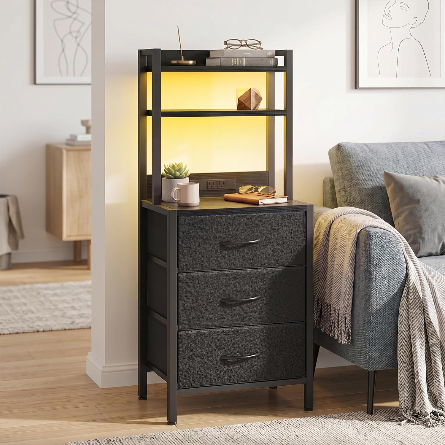 41 Inch Tall Nightstand with Charging Station, 3 Fabric Drawers, LED Lights & Open Shelves, Black - Image 2