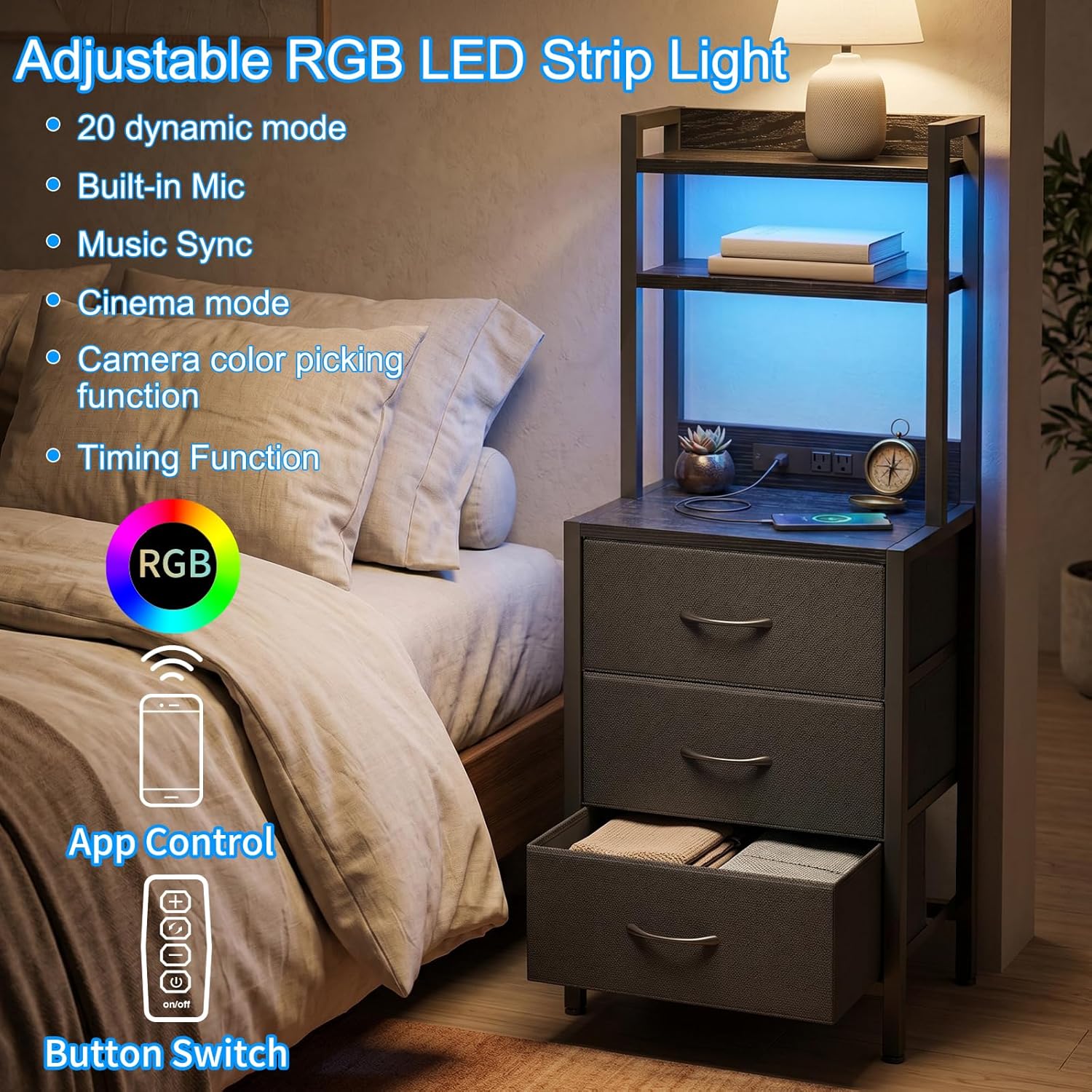 41 Inch Tall Nightstand with Charging Station, 3 Fabric Drawers, LED Lights & Open Shelves, Black - Image 3