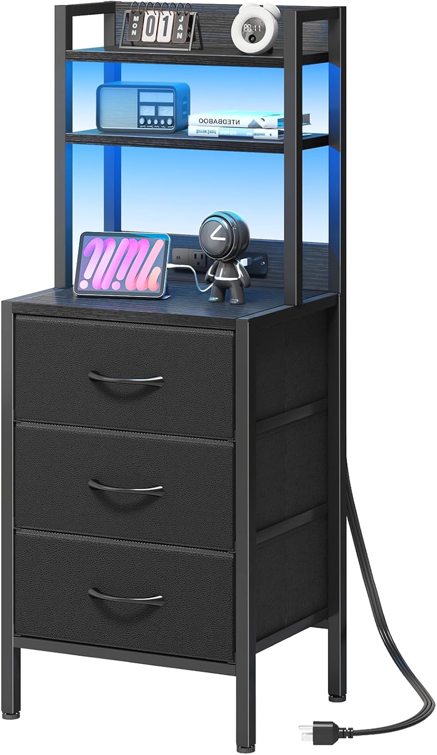41 Inch Tall Nightstand with Charging Station, 3 Fabric Drawers, LED Lights & Open Shelves, Black - Image 6