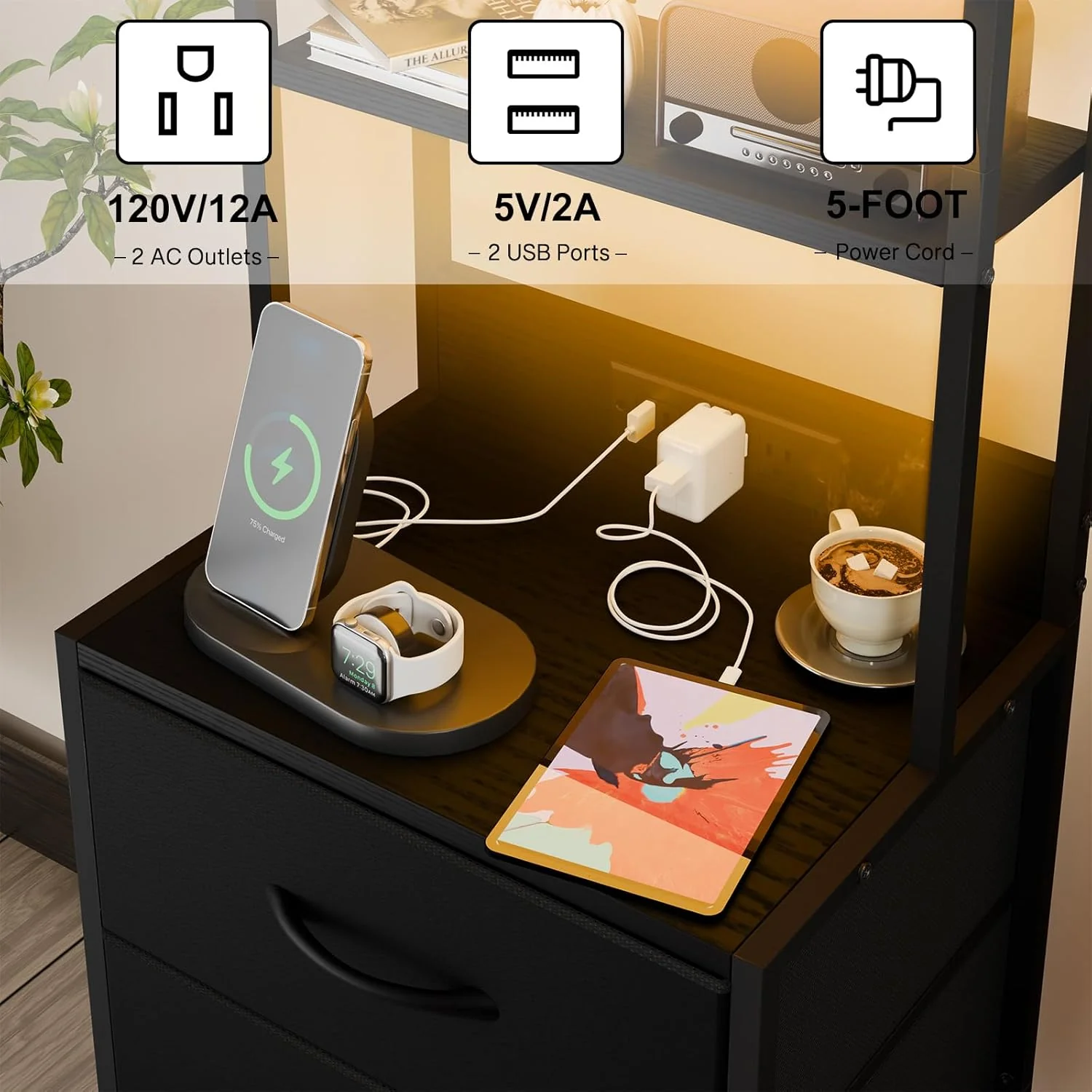 41 Inch Tall Nightstand with Charging Station, 3 Fabric Drawers, LED Lights & Open Shelves, Black - Image 7