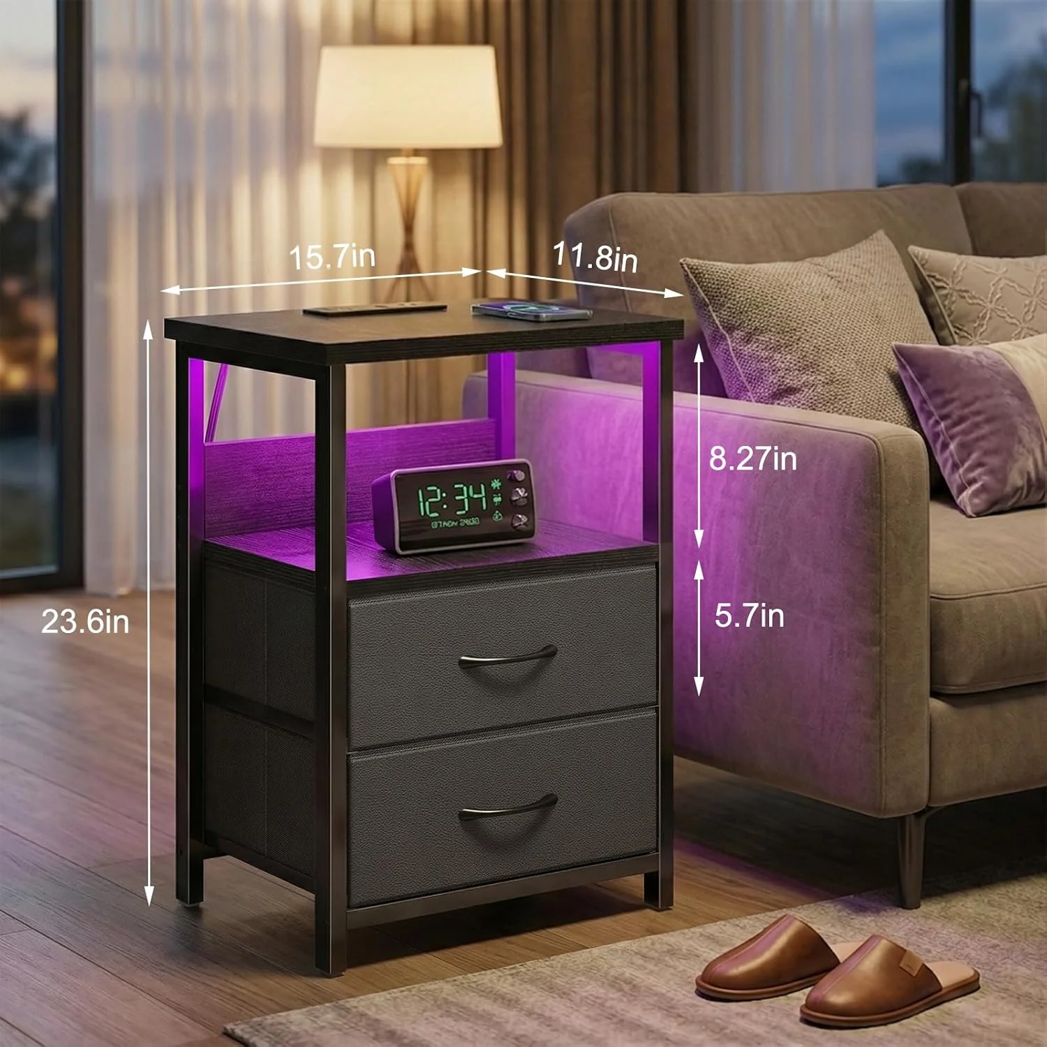 Black Nightstand Set of 2 with Charging Station, RGB LED & 2 Fabric Drawers - Image 5