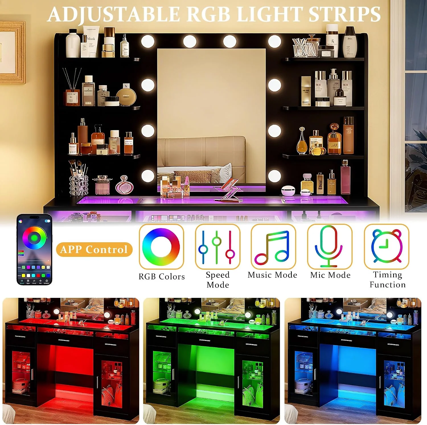 Fixwal Black Luxury Makeup Vanity Table with Tempered Glass Top, LED Mirror & RGB Lighting - Image 4
