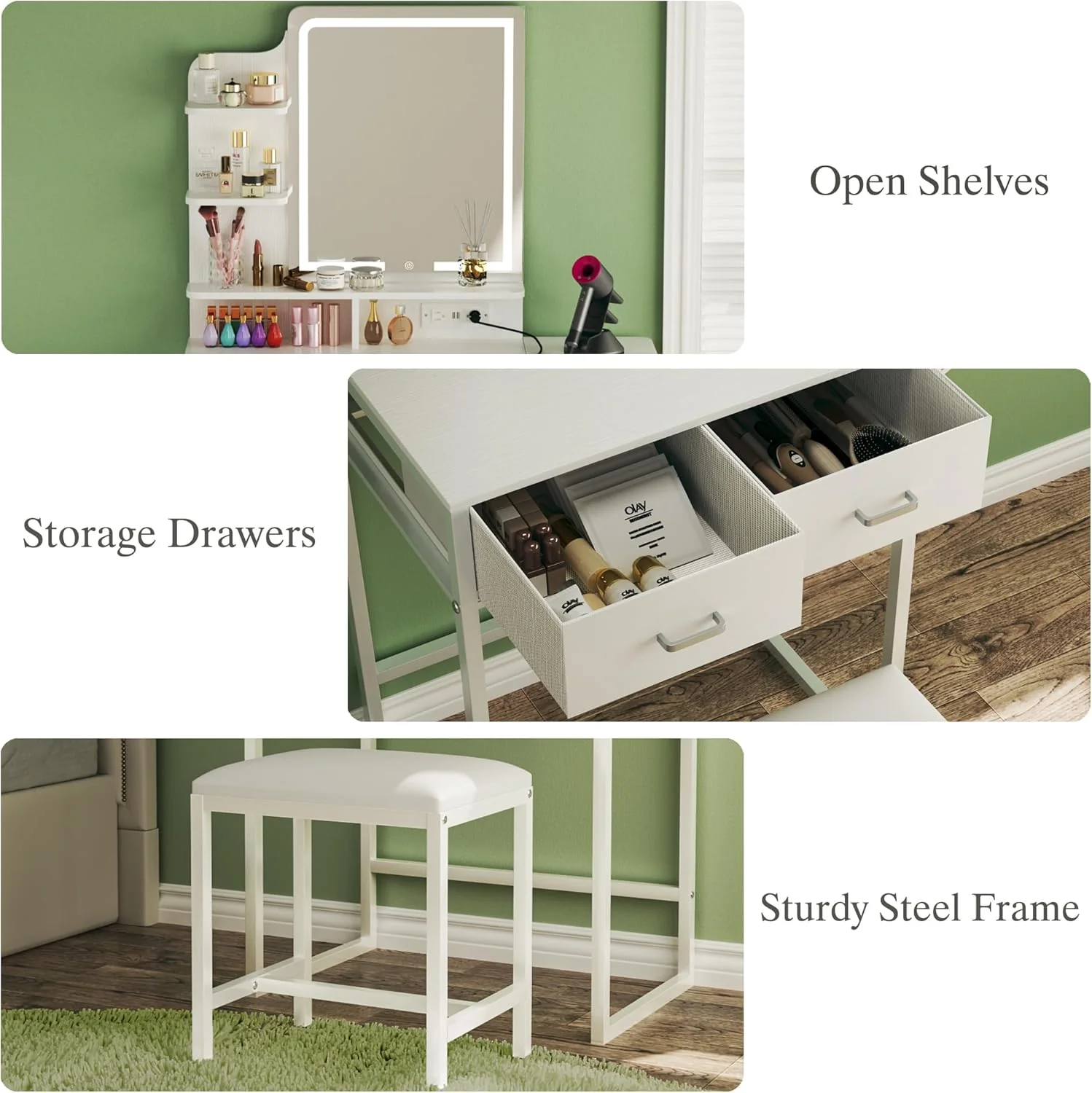 Fixwal Small Makeup Vanity Table with LED Mirror, 4 Drawers & Charging Station, White - Image 5