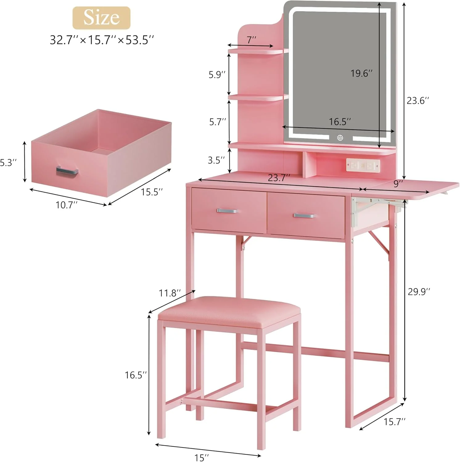 Fixwal 3-in-1 Compact Makeup Vanity Desk with Foldable Side Panel, LED Mirror & Power Outlet - Image 3