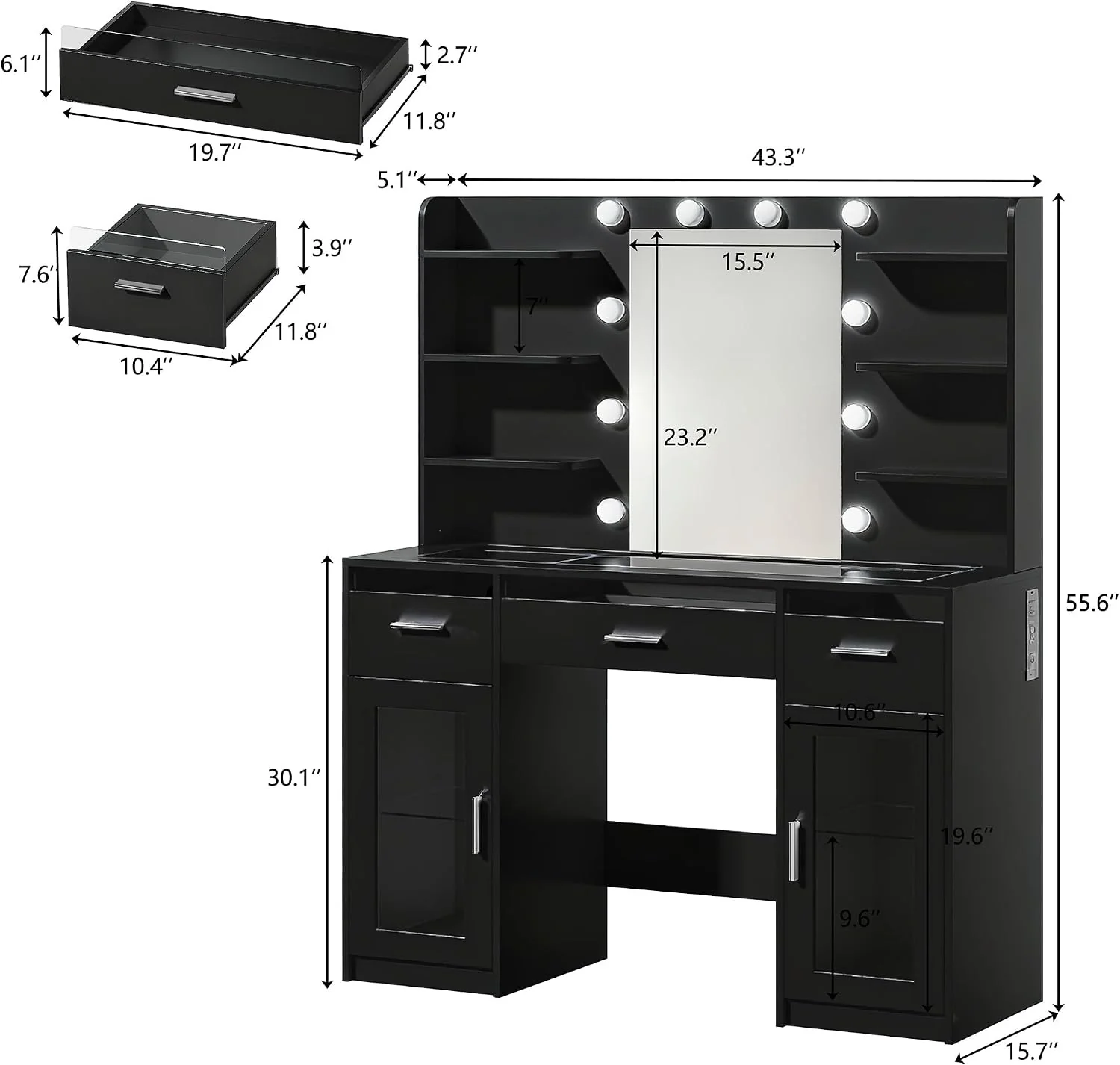 Fixwal Black Luxury Makeup Vanity Table with Tempered Glass Top, LED Mirror & RGB Lighting - Image 3