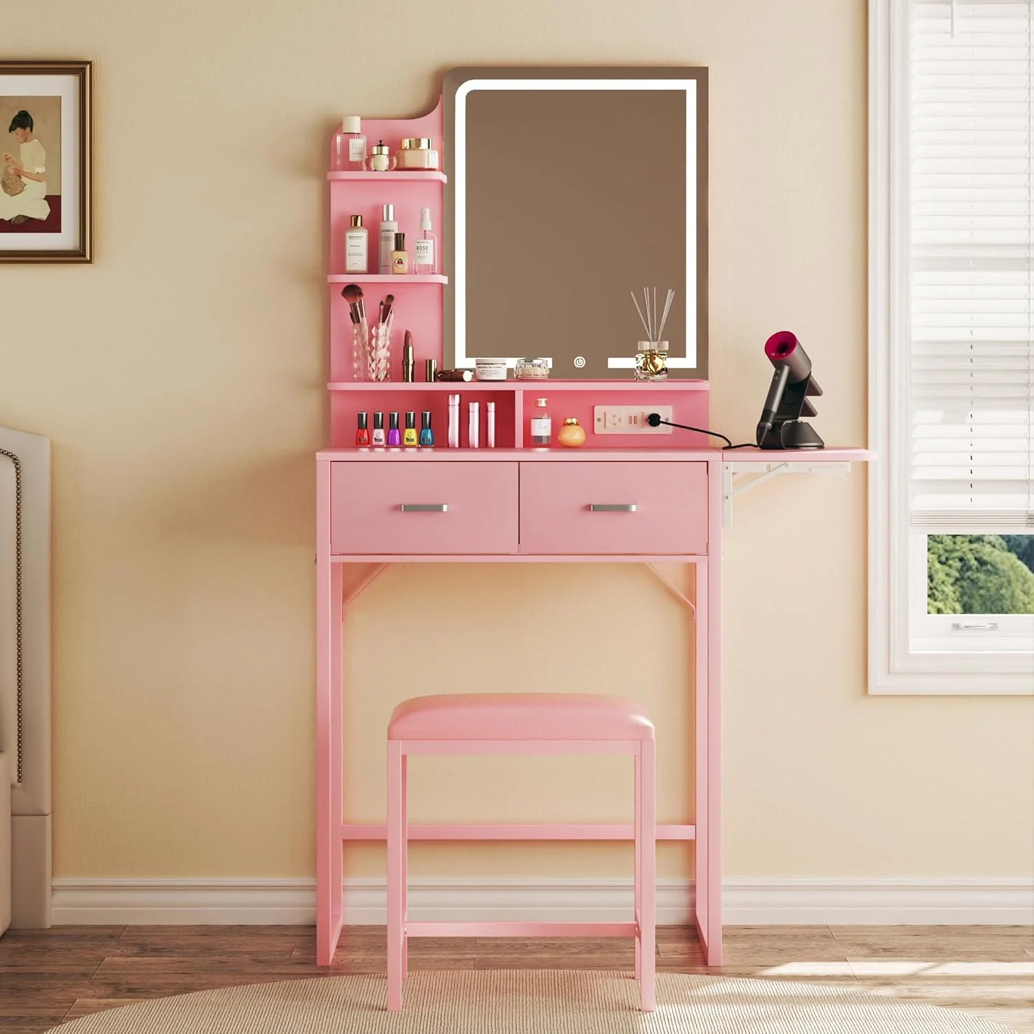 Fixwal 3-in-1 Compact Makeup Vanity Desk with Foldable Side Panel, LED Mirror & Power Outlet - Image 9