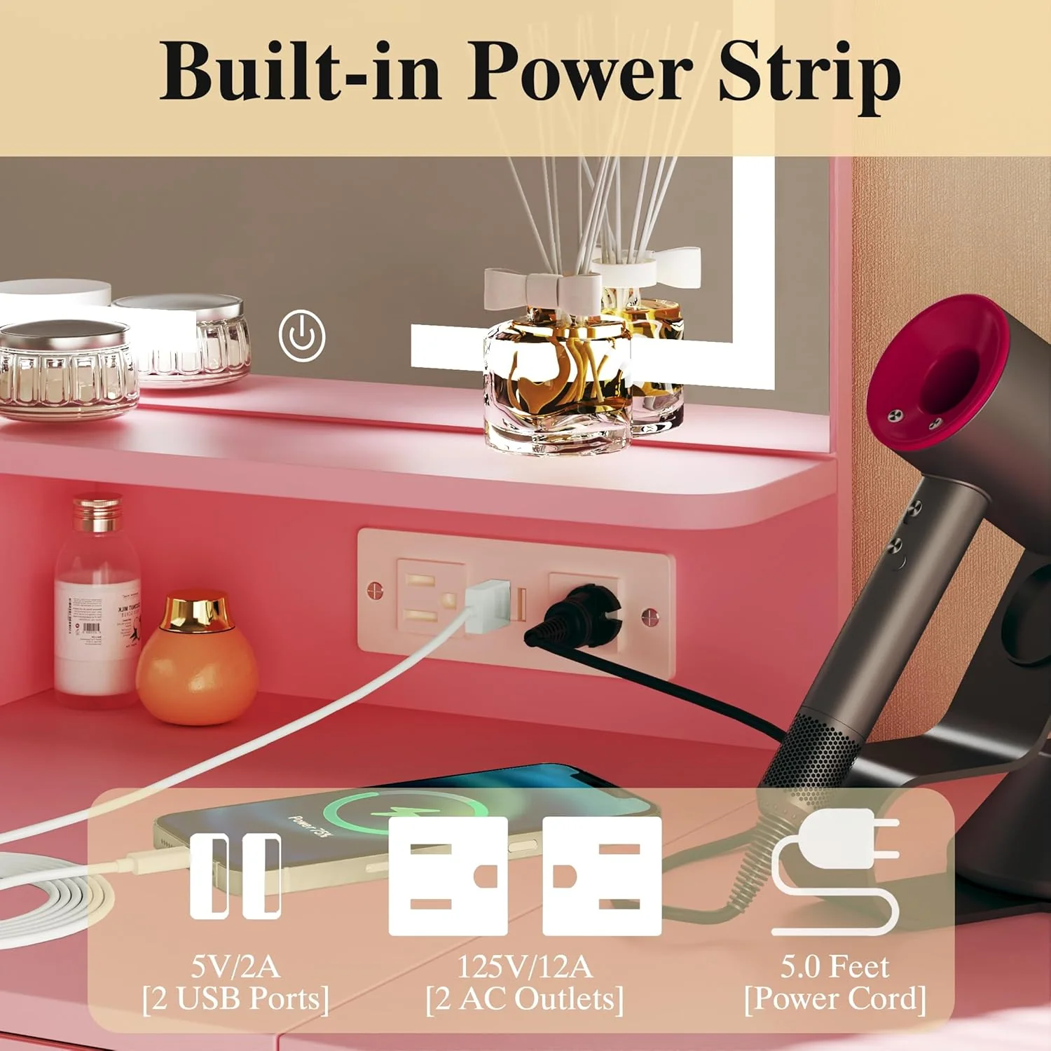 Fixwal 3-in-1 Compact Makeup Vanity Desk with Foldable Side Panel, LED Mirror & Power Outlet - Image 7