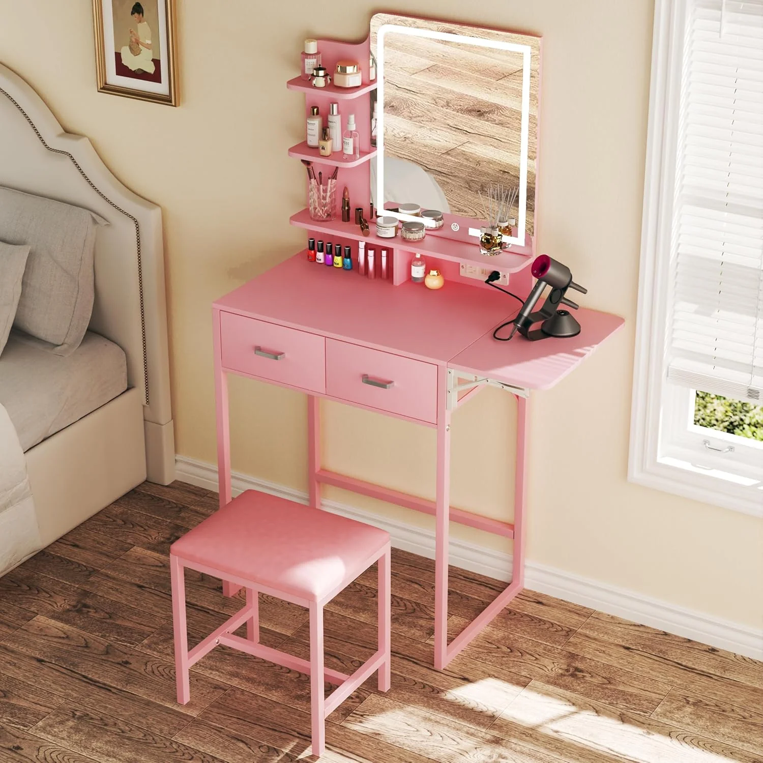 Fixwal 3-in-1 Compact Makeup Vanity Desk with Foldable Side Panel, LED Mirror & Power Outlet - Image 2
