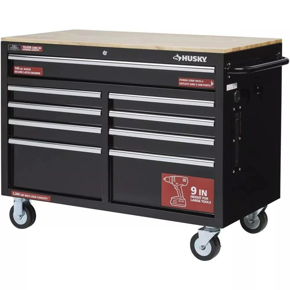π₯46 in. W x 24 in. D 9-Drawer Gloss Black Deep Tool Chest Mobile Workbench