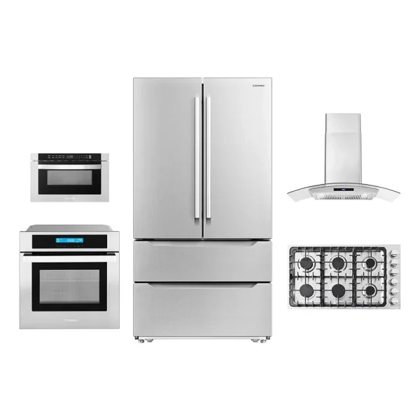 5-Piece Kitchen Package - 36in Gas Cooktop, 36in Range Hood, 30in Electric Wall Oven, 24in Microwave Drawer, French Door Refrigerator